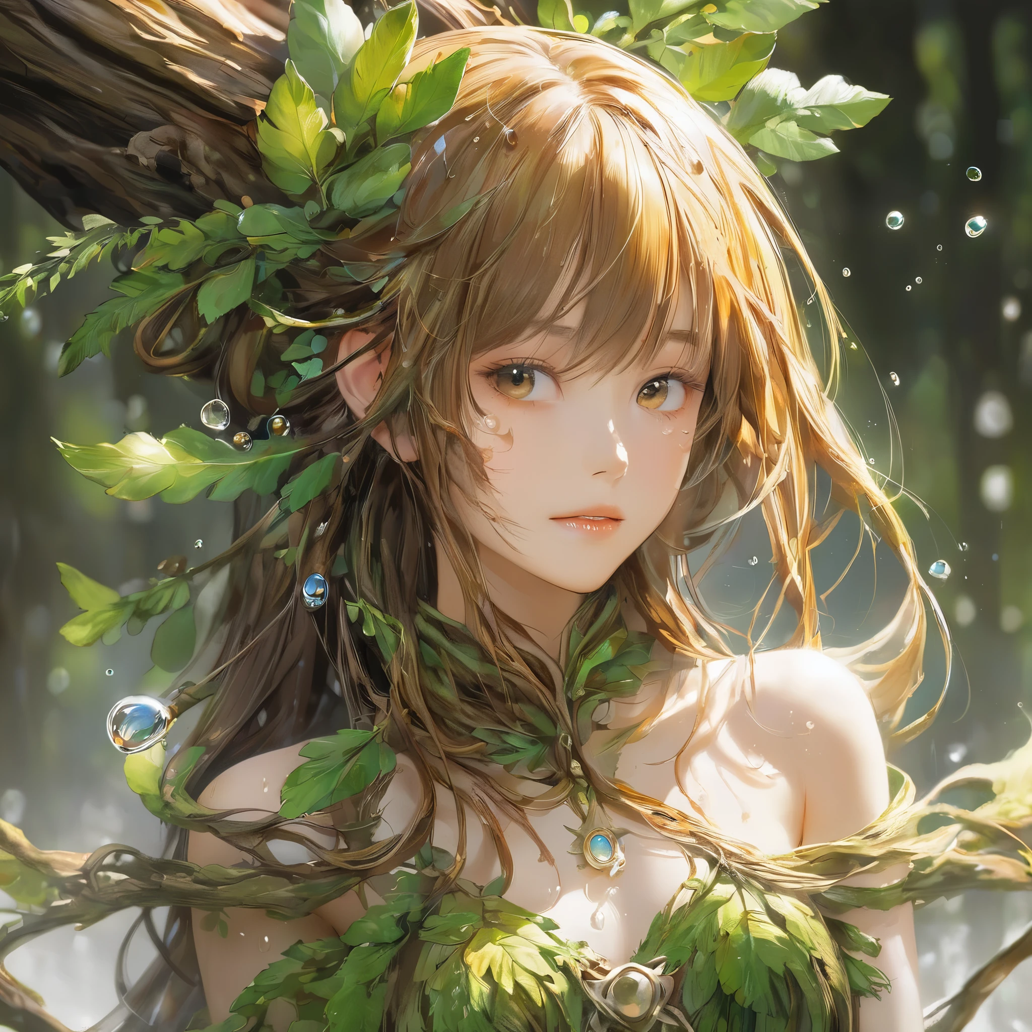 One girl, Female tree spirit, Wood Hair, Internal boiling acetic acid, Put a few drops of acetic acid on the skin,