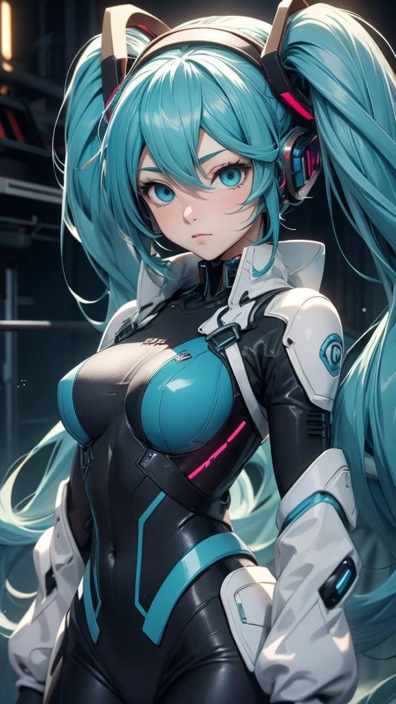 Hatsune Miku Vocaloid, Twin tails, Bright Blue Eyes, Light blue hair, Bodysuits, cyber punk, Ultimate Physical Beauty, Beautiful Eyes, Embarrassed look , Big Chest, 8K CG, Highest quality, Best image quality,