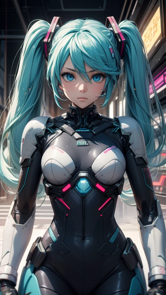Hatsune Miku Vocaloid, Twin tails, Bright Blue Eyes, Light blue hair, Bodysuits, cyber punk, Ultimate Physical Beauty, Beautiful Eyes, Embarrassed look , Big Chest, 8K CG, Highest quality, Best image quality,