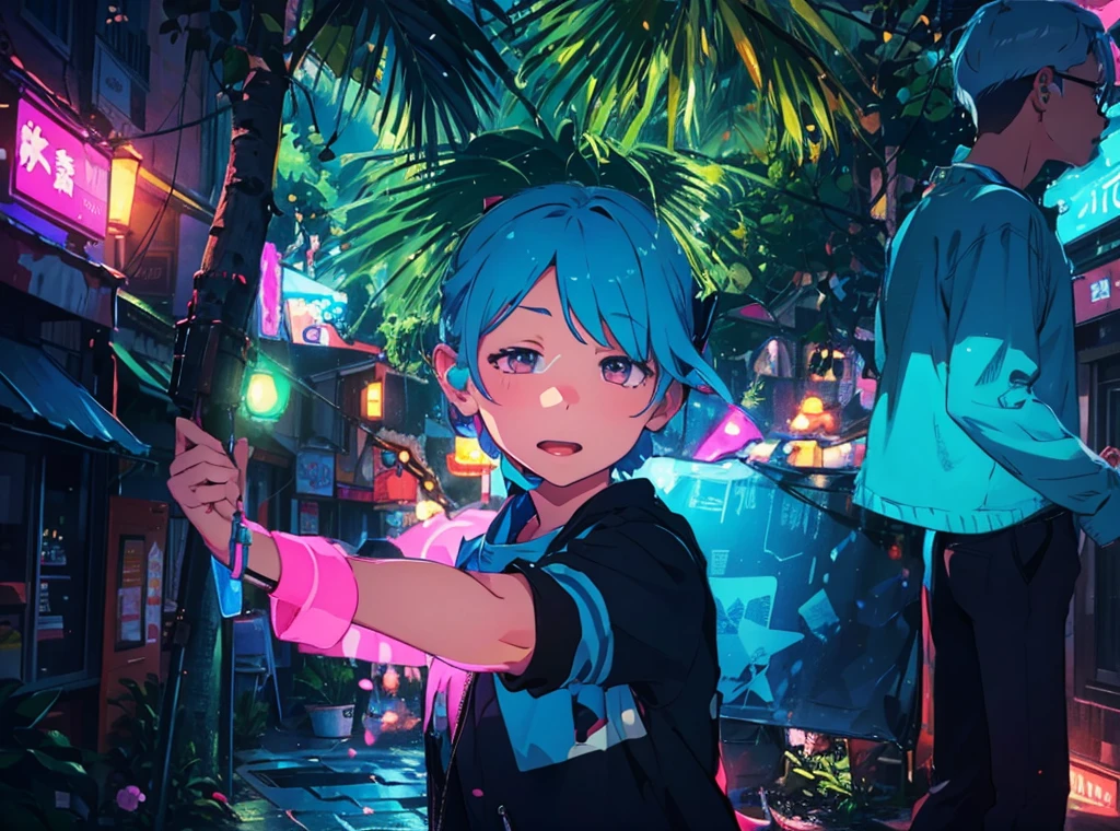 vibrant art,Pop music、bright、rich and colorful, 1 male, Light blue hair,　short hair、Happy,Lovely, Animation Style, Kawaii, Clearly, rich and colorful cyberpunk, bubblegum Pop music, Lovely、pink、Light blue as main color、I&#39;I大声欢呼、　Wearing headphones、Headphone music、