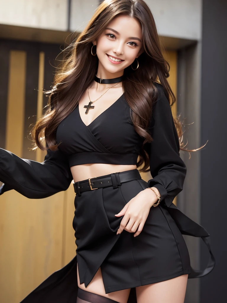 1 woman,long hair,brown hair,yellow eyes,Wear a black cropped waist dress.,Wear a black miniskirt.,Wear a small cross necklace.,Put on the bracelet.,Wear a small collar,Light makeup,Smiling, turning towards the camera,Wear black stockings,Not a bra,Not wearing underwear,Fat body