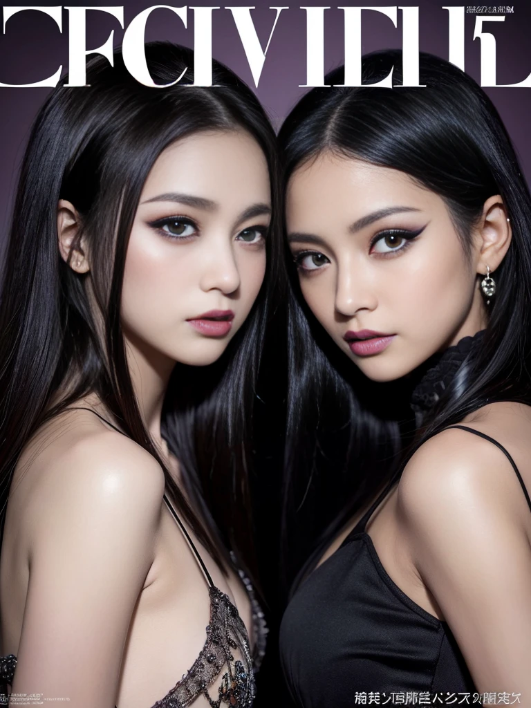 Highest quality、masterpiece、8K、Award-winning works、Hyperrealism、Vampire Princess、、Photographing faces with beautiful composition、The most detailed and beautiful face、Cold look、look at me、Long eyelashes、Creepy Makeup、Black lipstick、purple eye shadow、Beautiful glossy lips、Highest qualityのウルトラHDスキン、The most detailed eyes、High quality black camisole、Pitch black background、dark、Beautiful long hair、(Glowing Eyes、Sharp Fangs、Bloody mouth)、(((Midshot 1.5)))、Backlight、(((Two Women 1.5)))、(((抱き合うTwo Women 1.5)))、(((They are sisters..2))(((ファッションMagazine Cover 1.5)))、(((Magazine Cover 1.5)))
