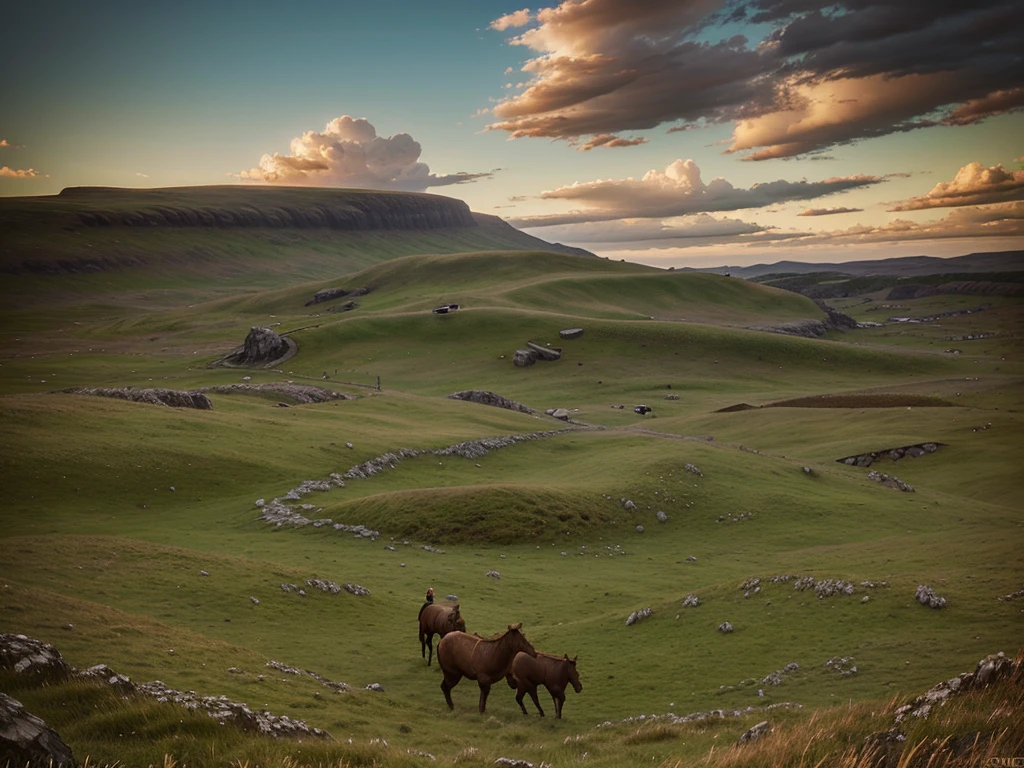 Hyperrealistic 8k high detail 3d art, fantasy setting, a grassland, highland, romantic the end of the world