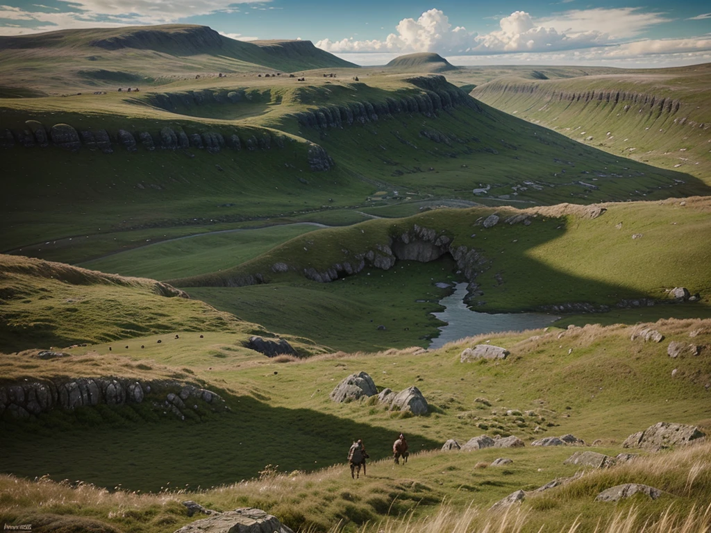 Hyperrealistic 8k high detail 3d art, fantasy setting, a grassland, highland, romantic the end of the world