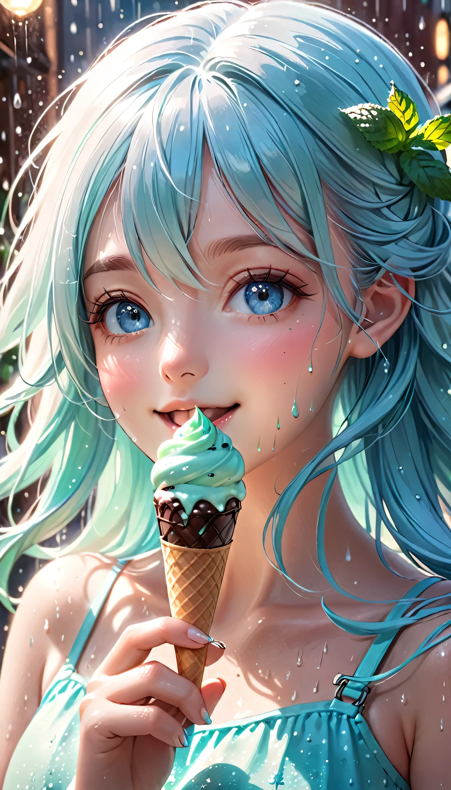 a cute girl with light blue hair and long hair, light blue eyes, eating chocolate mint ice cream, surrounded by chocolate mint ice cream, smiling, with light particles and light showers, (best quality,4k,8k,highres,masterpiece:1.2),ultra-detailed,(realistic,photorealistic,photo-realistic:1.37),extremely detailed eyes and face, beautiful detailed eyes, beautiful detailed lips, longeyelashes,portrait,fantasy,magic,ethereal,whimsical,soft lighting,pastel colors