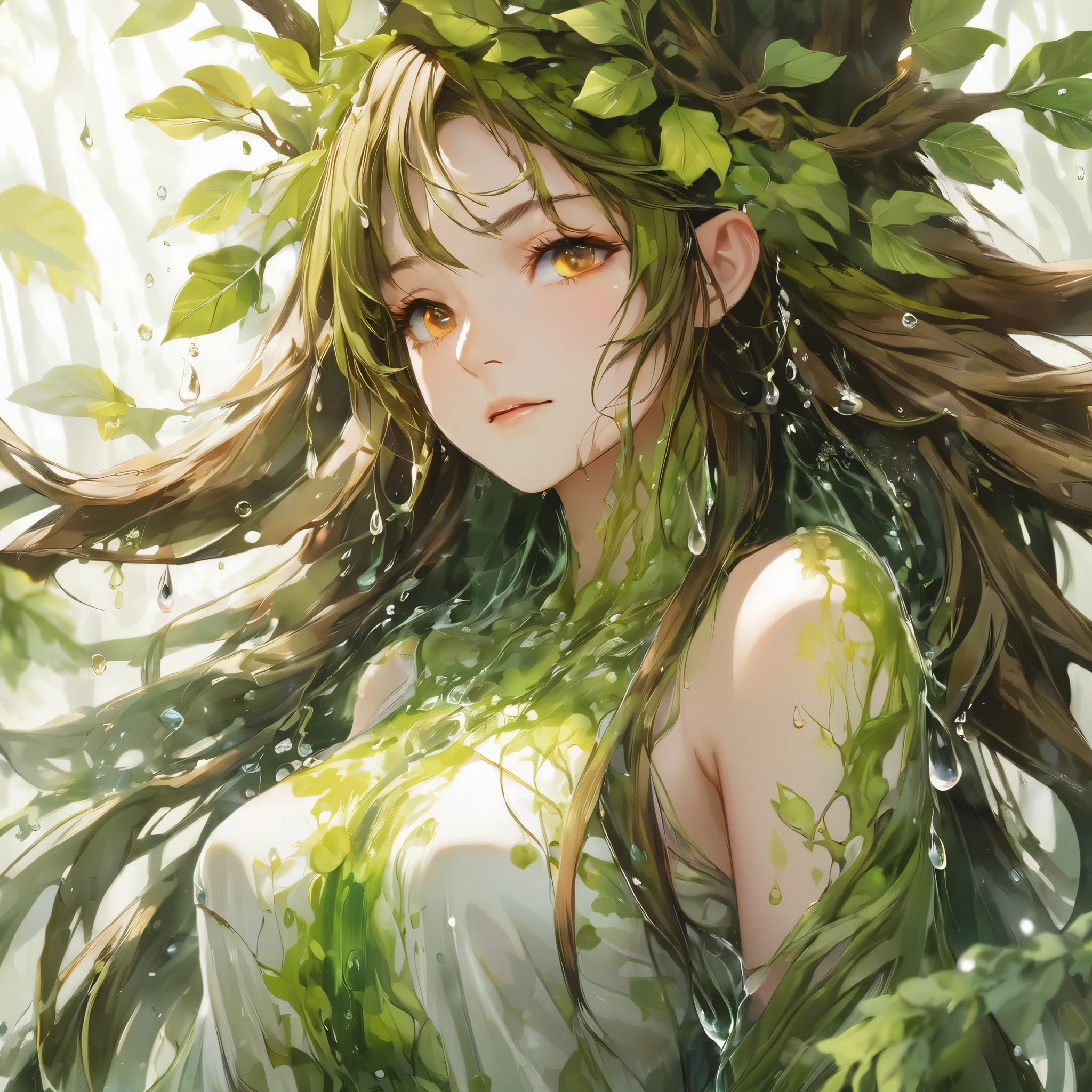 One girl, Female tree spirit, Wood Hair, Internal boiling acetic acid, Put a few drops of acetic acid on the skin,