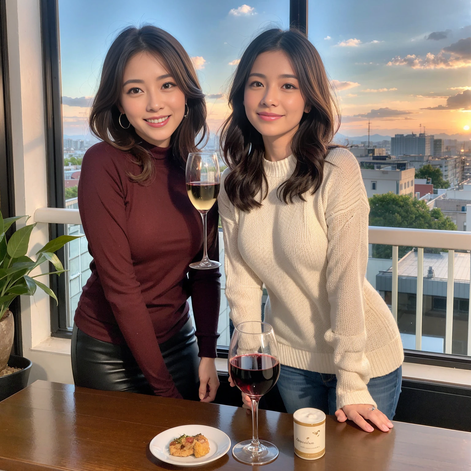 ((Highest quality、、masterpiece:1.3))、1 male 1 female、Satomi Ishihara、37 years old、Pink Couple、smile、 (Slim face), (the body is スリム), (Brown Hair), (Shortcuts), テーブルのフルコースディナーとwine glass、Amazing view of the sunset sky and clouds、smileの美しさ、Wine bottle、sparkling wine、Long sleeve shirt、dress、White wine, red wine, wine glass, 