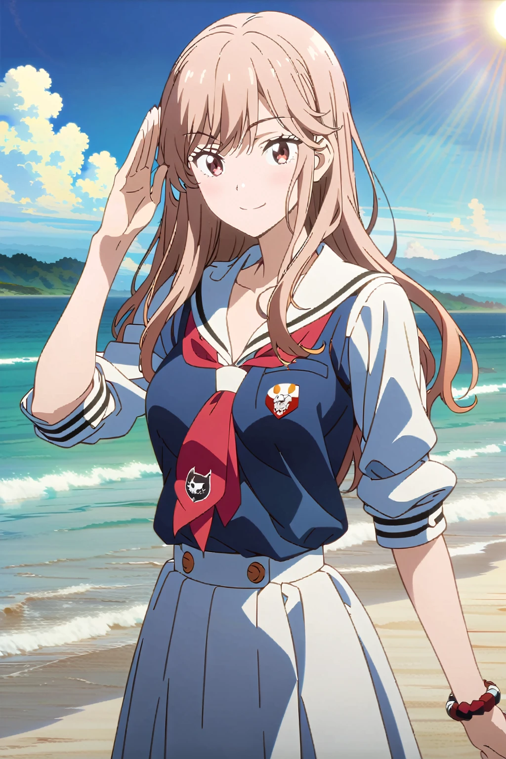 (Ultra-detailed illustrations:1.2),salute,Anime Girls in sailor outfit standing on beach with sun shining, Kantai Collection Style, Cute girl anime visuals, Beautiful anime school girl, junko enoshima, Smooth anime CG art, maAlso kitagawa fanart, Official Artwork, attractive Anime Girls, (Anime Girls), Also, Official Art, Fine Details Anime Best Girl, portrait Anime Girls