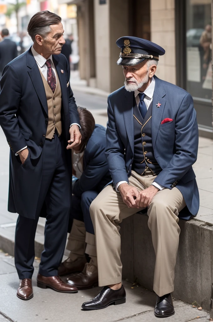An image of a well-dressed man ignoring a war veteran in shabby clothes with a hungry expression, sitting on the sidewalk.