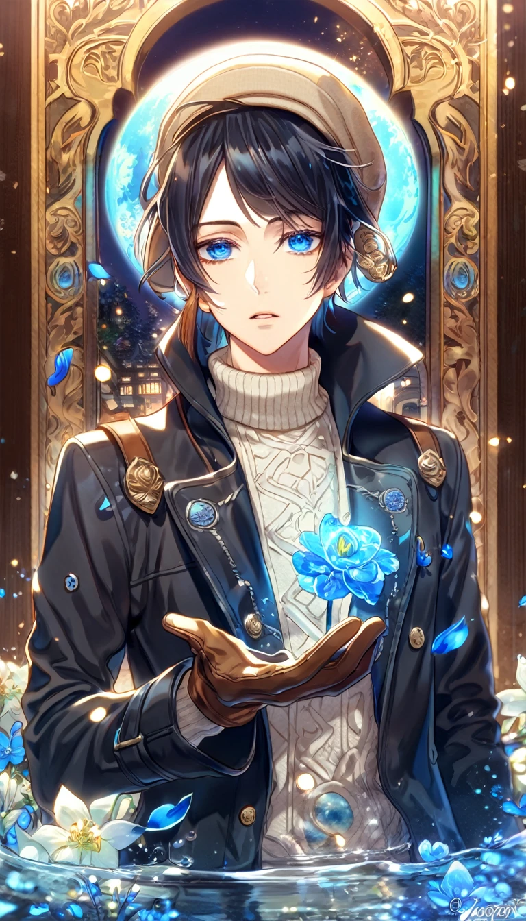 absurdres, highres, ultra detailed, HDR, master piece, Yoite, black hair, expressive blue eyes, black trench coat, white sweater, Nabari No Ou, sexy man, light brown beige cap, brown gloves, handsome, best quality, blue moon, flowers, fantasy, magical, solo, water, blue shining fireflies, blue petals,