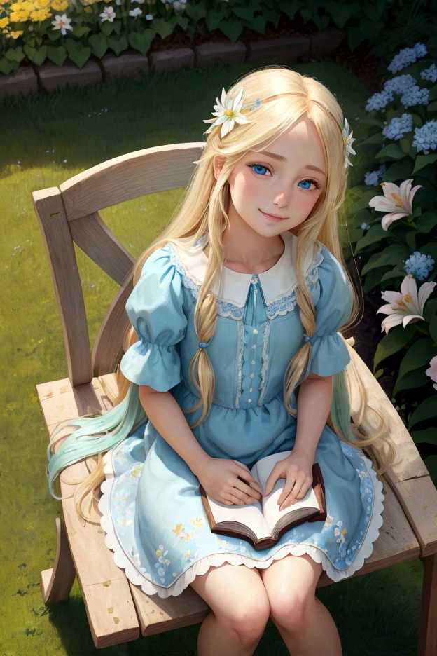 A beautiful blond girl with very long hair named Lily sits on a garden bench, reading a book. Her sparkling blue eyes reflect the joy of discovering new stories. She wears a light blue dress adorned with small flowers. The sun is shining, and the garden is in full bloom with colorful flowers and lush green grass.