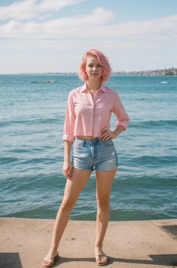 her name is Annie, high quality, 1girl, ((20-year-old fit Caucasian woman)), ((20 years old)), ((fit)), short pink colored hair, pose: standing, wearing bright colored unique gen Z modern wear, BACKGROUND: Grew up along Sydney's stunning harbor, with the Opera House, Bondi Beach's surf, and coastal walks defining daily life.