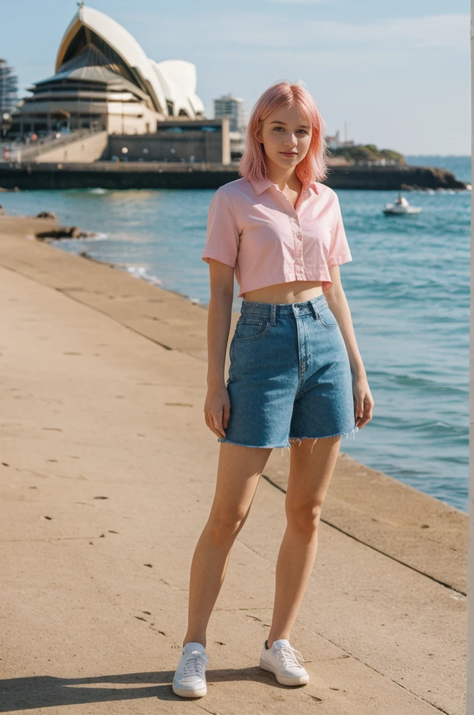 her name is Annie, high quality, 1girl, ((20-year-old fit Caucasian woman)), ((20 years old)), ((fit)), short pink colored hair, pose: standing, wearing bright colored unique gen Z modern wear, BACKGROUND: Grew up along Sydney's stunning harbor, with the Opera House, Bondi Beach's surf, and coastal walks defining daily life.