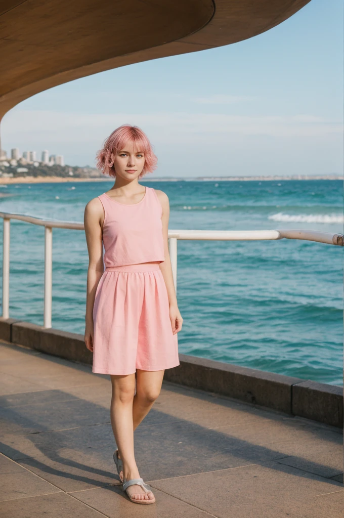 her name is Annie, high quality, 1girl, ((20-year-old fit Caucasian woman)), ((20 years old)), ((fit)), short pink colored hair, pose: standing, wearing bright colored unique gen Z modern wear, BACKGROUND: Grew up along Sydney's stunning harbor, with the Opera House, Bondi Beach's surf, and coastal walks defining daily life.