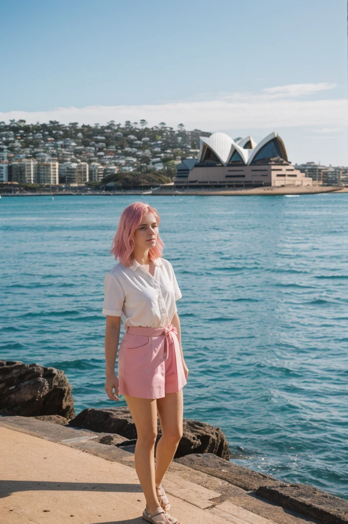 her name is Annie, high quality, 1girl, ((20-year-old fit Caucasian woman)), ((20 years old)), ((fit)), short pink colored hair, pose: standing, wearing bright colored unique gen Z modern wear, BACKGROUND: Grew up along Sydney's stunning harbor, with the Opera House, Bondi Beach's surf, and coastal walks defining daily life.