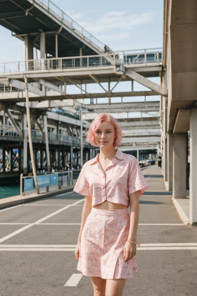 her name is Annie, high quality, 1girl, ((20-year-old fit Caucasian woman)), ((20 years old)), ((fit)), short pink colored hair, pose: standing, wearing bright colored unique gen Z modern wear, BACKGROUND: Grew up along Sydney's stunning harbor, with the Opera House, Bondi Beach's surf, and coastal walks defining daily life.