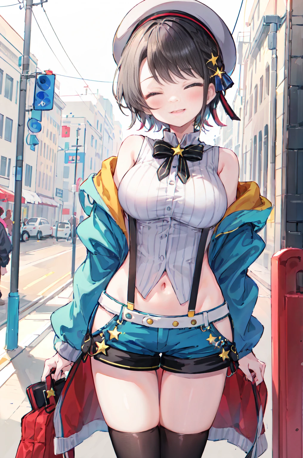 2D, masterpiece, Highest quality, anime, Very detailed, One girl, alone, subaru_suspenders, subaru_suspenders, French Braid, Blue jacket, Grey Shirt, Black bow tie, star \(symbol\), Blue shorts, abdomen, Grey hat, Grey socks, Are standing, Outdoor, smile 、Eyes closed、A big smile、Close-up of face、breast enhancement