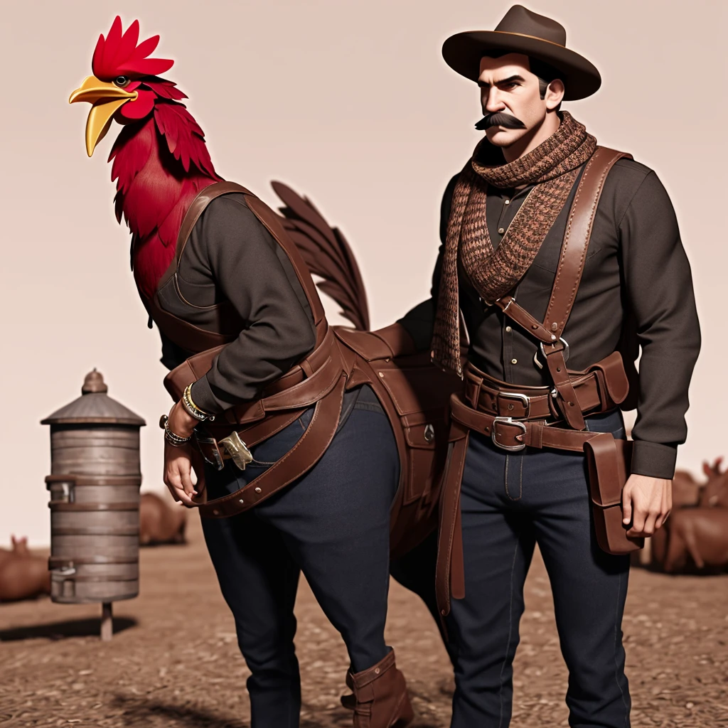 8k render, posing in the courtyard of a captured run-down mission in the middle of nowhere standing next to his prize horse is a 6 foot tall dusty and dirty 40 year-old, sun-worn, brownish-red feathered animal rooster with a red-head and a thick, black, admirable, manly, Mexican mustache hanging down from his beak wearing only a woven mexican scarf around his neck and hat hanging behind him by a string around his neck and an old-timey, Mexican bandit gear thick, worn, brown leather bullet straps crossed over his chest and a holster belt around his wAIST of the same style, , illustration of a rooster, anthropomorphized chicken, illustration of a mildly angry, cocky 1900s-era Mexican bandito gang leader rooster, epic exquisite character art, fantasy rooster concept portrait, baroque digital photograph, awarded on cgsociety, highly detailed cgsociety, , degraded and grainy sepia tone