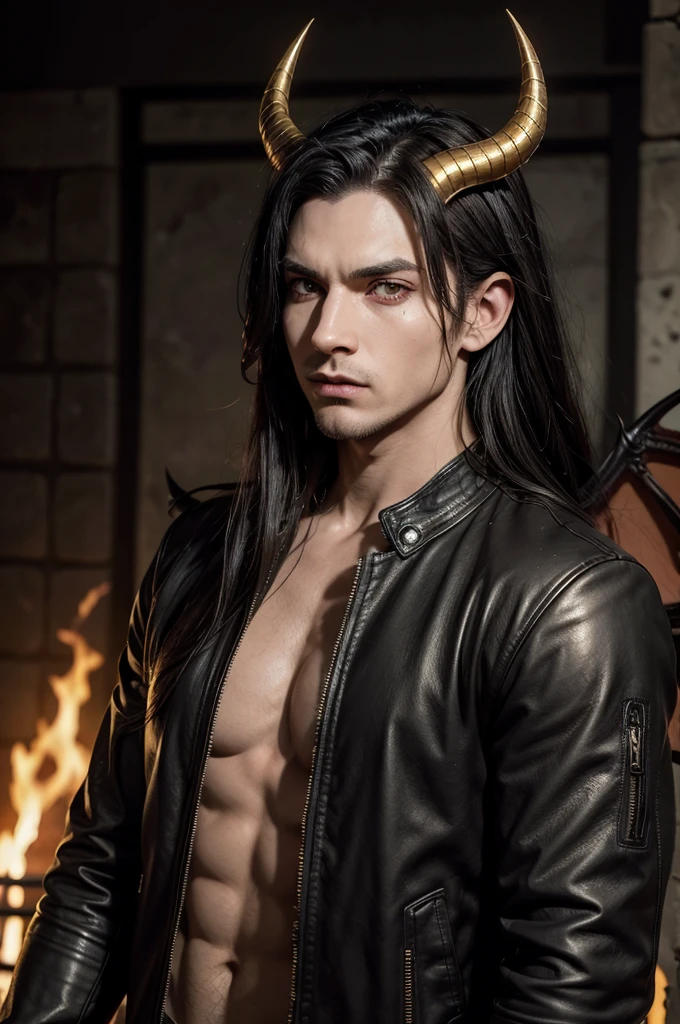 A male incubus, brawny, leather clothing with gold details, sadomasochist, with long black hair, horns on head, horns curved backwards, big bat wings, gorgeous eyes, Eyes red, fire in the background, dramatic lighting, Gothic aesthetic. ultra realisitic, extremely details, focus on character, nblurry background.