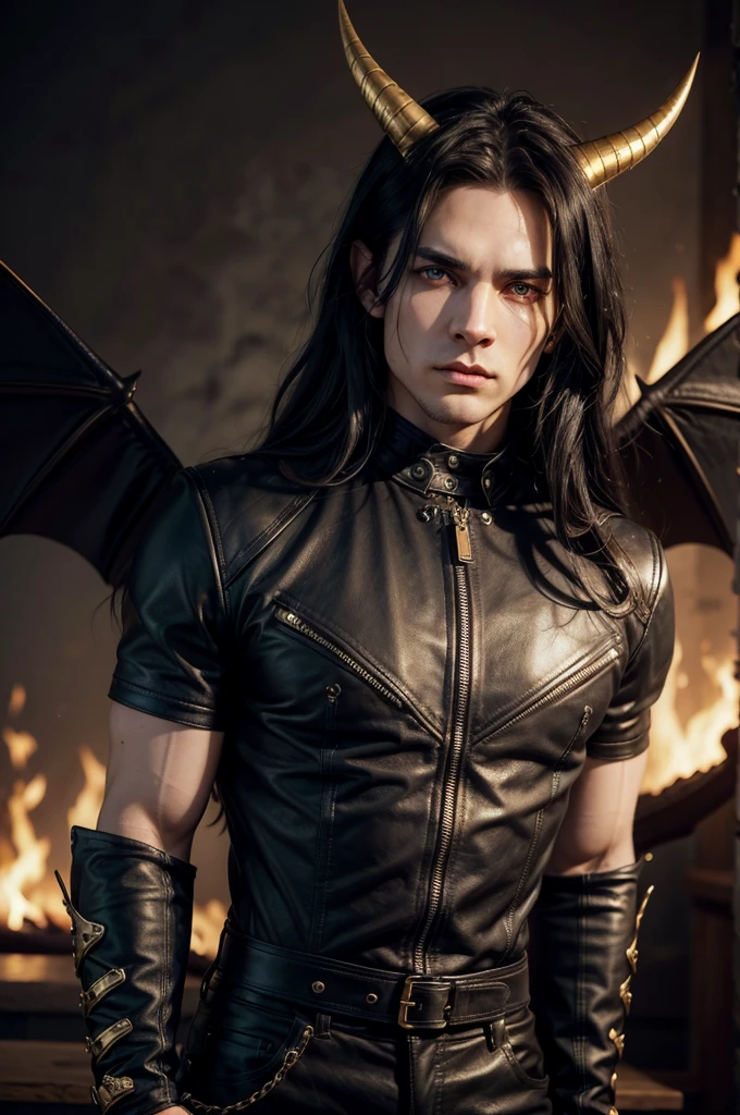 A male incubus, brawny, leather clothing with gold details, sadomasochist, with long black hair, horns on head, horns curved backwards, big bat wings, gorgeous eyes, Eyes red, fire in the background, dramatic lighting, Gothic aesthetic. ultra realisitic, extremely details, focus on character, nblurry background.