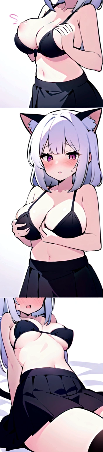 Girl with white hair, cat ears, black glasses, blushing extremely, she has put on a bra if her breasts are small, grabbing her breasts, a black skirt, a cat tail with black stockings on the bed
