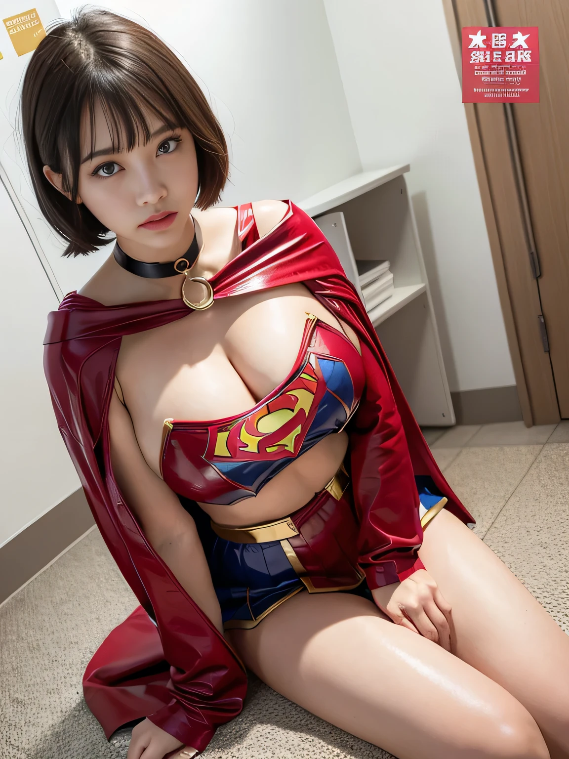 masterpiece、Enamel Supergirl Costume、short hair、Patent leather boots、Big and ample 、looking at the camera、choker、Long sleeve、Off the shoulder、mini skirt、Red cloak、Sweaty skin、Hospital room、Photo magazine cover、Sitting crotch、