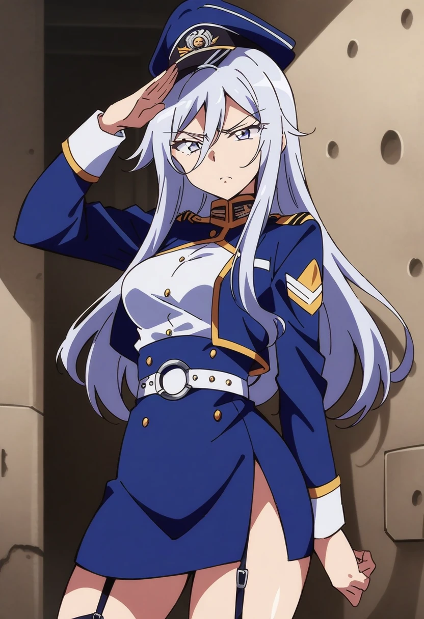 anime art style, 2d, masterpiece, best quality, very aesthetic, absurdres, dynamic shadows, atmosferic, vladilena_millize, (1girl), ((silver hair)), long hair, (silver eyes), narrowed eyes, detailed eyes, ahoge, hair between eyes, bangs, medium breasts, angry, military, military uniform, uniform cutout, cropped jacket, peaked cap, blue headwear, blue jacket, white shirt, blue miniskirt, high-waist skirt, garter straps, o-ring belt, white belt, ((cowboy shot)), standing, salute, ((from front)), bunker, walls, cell-lights, looking at viewer