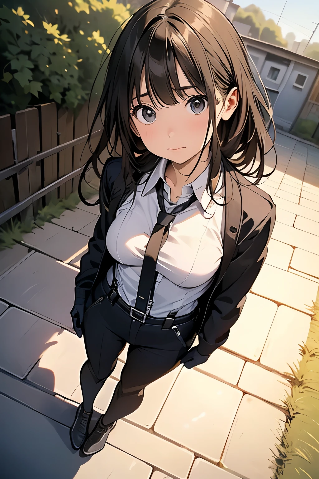 high quality, masterpiece, Ultra-high resolution, (realism: 1.4), Oil painting style, Cinema Lighting, An endless grassland dotted with a few houses, I stood on the empty asphalt road and looked at it., Fairy Mountain々was shrouded in mist, And the suspenders with the cranes flying　　　Moderate breasts　 　 　　　　Small face　 　　　holster　　　　　　　 Lying in bed　Looking up　　　　Sweat 　　　belt　summer　脇Sweat 　Black Hole Gloves　suit　shirt　　Black jacket　 Black trousers　Leg Links　ズボンにbelt　　holster　 　　Hands behind your back　 Anxious expression　Looking up　Anxious face