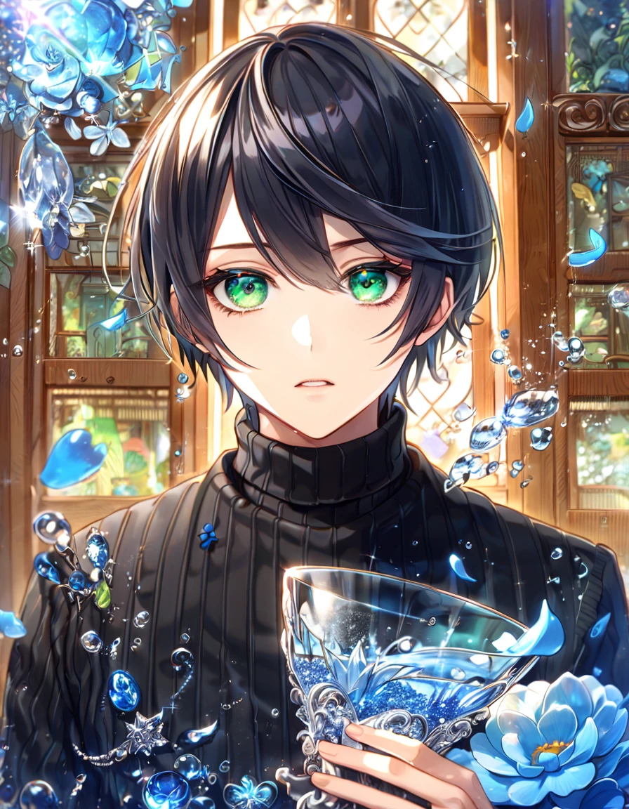 absurdres, highres, ultra detailed, HDR, master piece, best quality, extremely detailed, Rokujou Miharu, black hair, expressive green eyes, Nabari No Ou, solo, man, handsome, black sweater, magical, fantasy, glittering, sparkling, glass, blue flowers, blue petals, water, blue moon