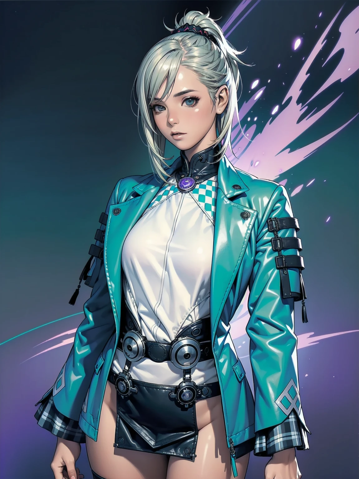 (((Woman))), (((best qualityer))), (((​masterpiece))), (((grown-up))), (((1 girl))), (((cyber punk/dieselpunk/Steampunk))), ((( White hair ))), (((plaid pattern))), (((samurai army))), (((violet hair))), (((texturas))), (((ink spatter))), (((grain))), Uma modelo cyber punk Woman de 18 anos com corpo perfeito, ELLE MACPHERSON, clean  face, ((( turquoise jacket with turquoise and black checkered sleeves ))), Black micro skirt showing tiny turquoise leather panties, puffy jacket with intricate textures, almost naked in Simon Bisley&#39;s wild urban style for the cover of Heavy Metal magazine, Spectacular colorful graphics, Minimal clothing, futuristic turquoise jacket with checkered sleeves in yellow and breto, (((from the knee up))), ((( short black hair ))), Ao fundo, a wall painted with an intricate design, (((self-contrast of the character with the background))), Two-tone lighting, film grain