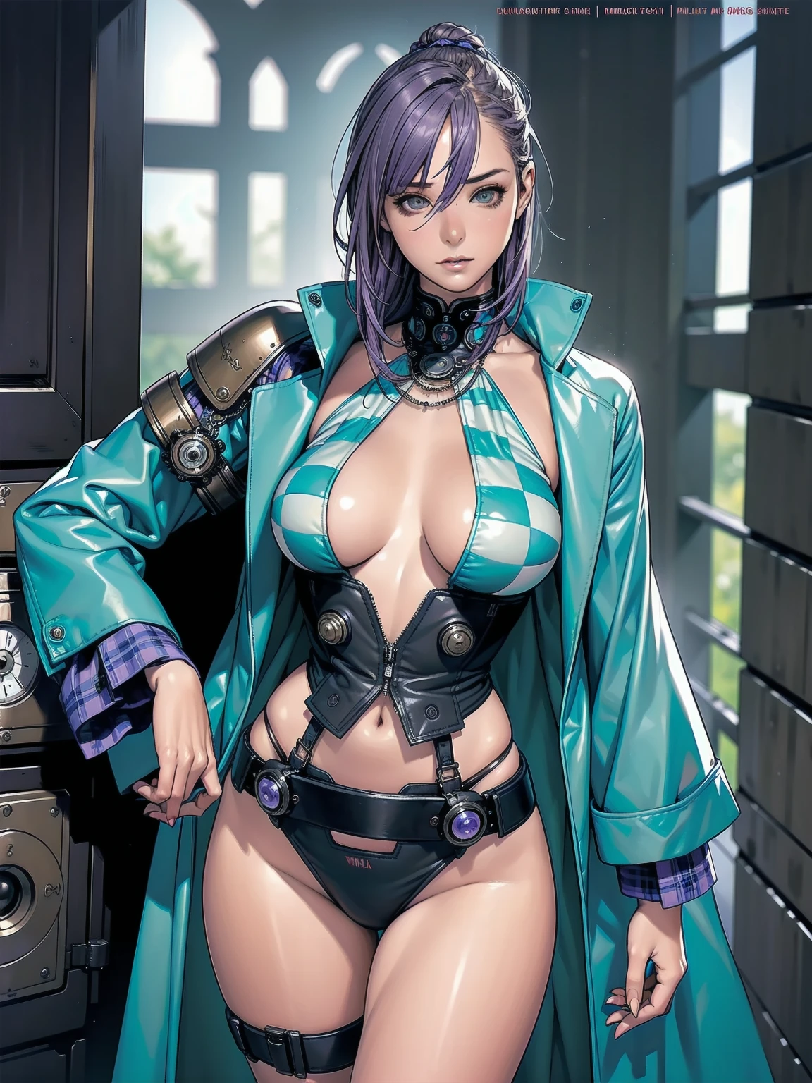 (((Woman))), (((best qualityer))), (((​masterpiece))), (((grown-up))), (((1 girl))), (((cyber punk/dieselpunk/Steampunk))), ((( White hair ))), (((plaid pattern))), (((samurai army))), (((violet hair))), (((texturas))), (((ink spatter))), (((grain))), Uma modelo cyber punk Woman de 18 anos com corpo perfeito, ELLE MACPHERSON, clean  face, ((( turquoise jacket with turquoise and black checkered sleeves ))), Black micro skirt showing tiny turquoise leather panties, puffy jacket with intricate textures, almost naked in Simon Bisley&#39;s wild urban style for the cover of Heavy Metal magazine, Spectacular colorful graphics, Minimal clothing, futuristic turquoise jacket with checkered sleeves in yellow and breto, (((from the knee up))), ((( short black hair ))), Ao fundo, a wall painted with an intricate design, (((self-contrast of the character with the background))), Two-tone lighting, film grain