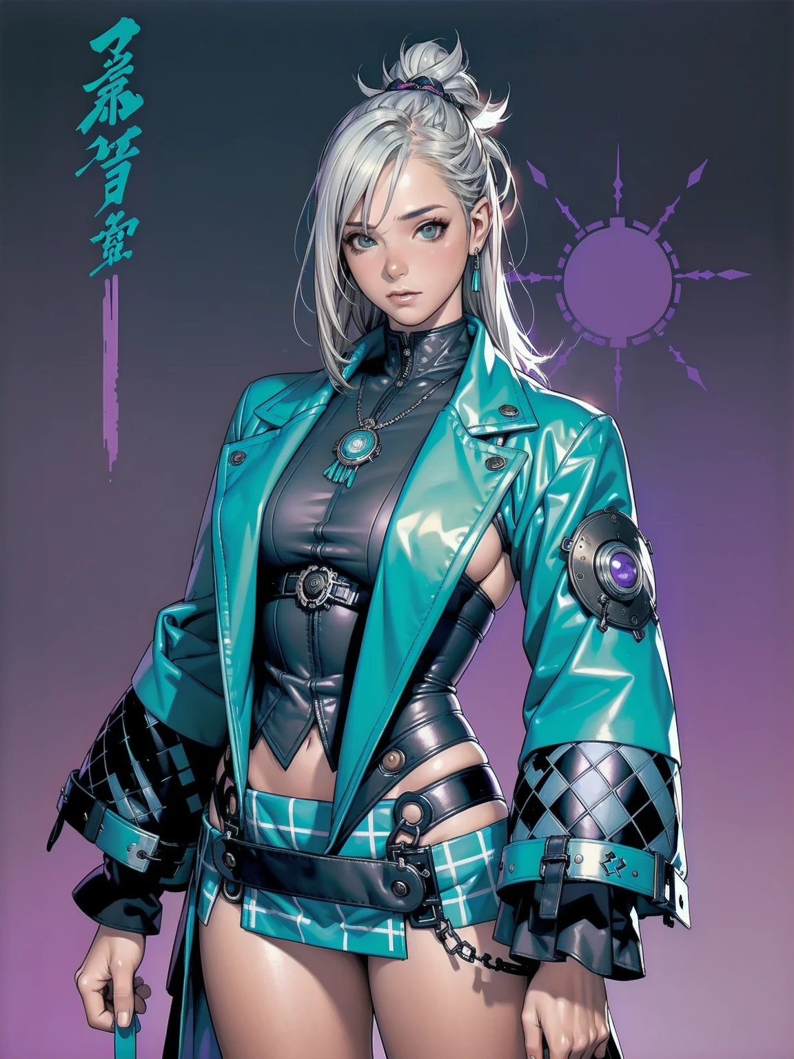 (((Woman))), (((best qualityer))), (((masterpiece))), (((grown-up))), (((1 girl))), (((cyber punk/dieselpunk/Steampunk))), ((( White hair ))), (((plaid pattern))), (((samurai army))), (((violet hair))), (((texturas))), (((ink spatter))), (((grain))), Uma modelo cyber punk Woman de 18 anos com corpo perfeito, ELLE MACPHERSON, clean face, ((( turquoise jacket with turquoise and black checkered sleeves ))), Black micro skirt showing tiny turquoise leather panties, puffy jacket with intricate textures, almost naked in Simon Bisley's wild urban style for the cover of Heavy Metal magazine, Spectacular colorful graphics, Minimal clothing, futuristic turquoise jacket with checkered sleeves in yellow and breto, (((from the knee up))), ((( short black hair ))), Ao fundo, a wall painted with an intricate design, (((self-contrast of the character with the background))), Two-tone lighting, film grain