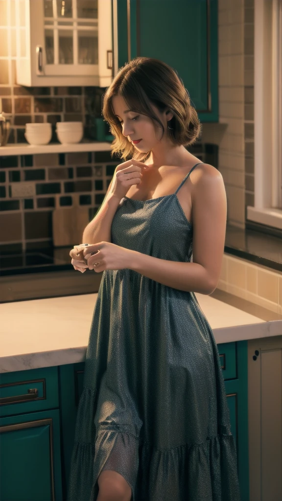 ((realistic lighting, highest quality, 8k, masterpiece)), 1girl, cooking in the kitchen, wearing night dress