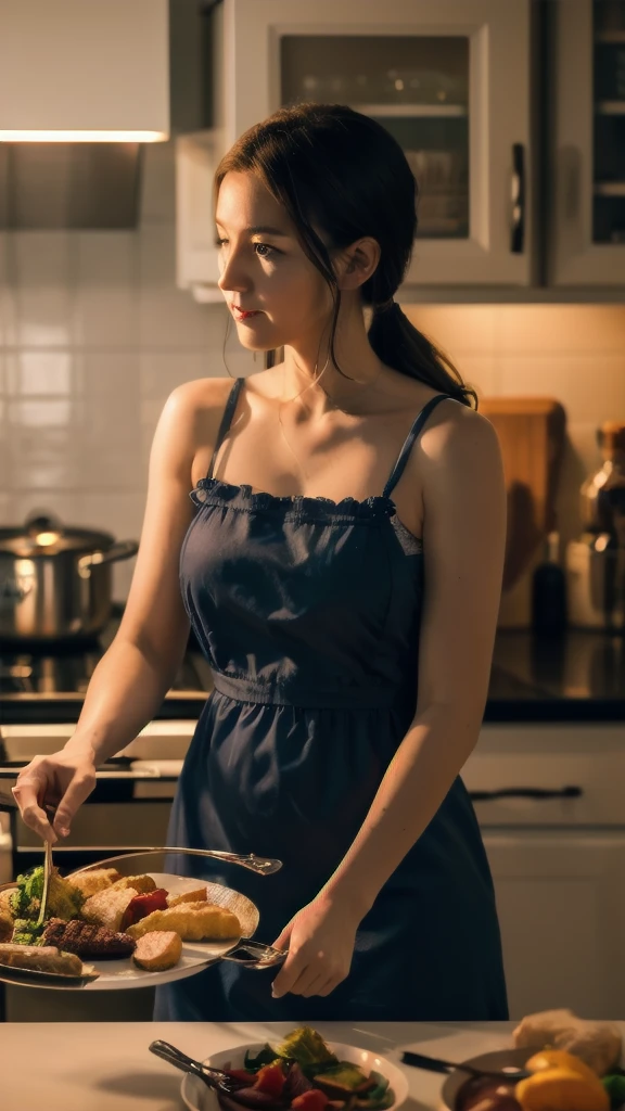 ((realistic lighting, highest quality, 8k, masterpiece)), 1girl, cooking in the kitchen, wearing night dress