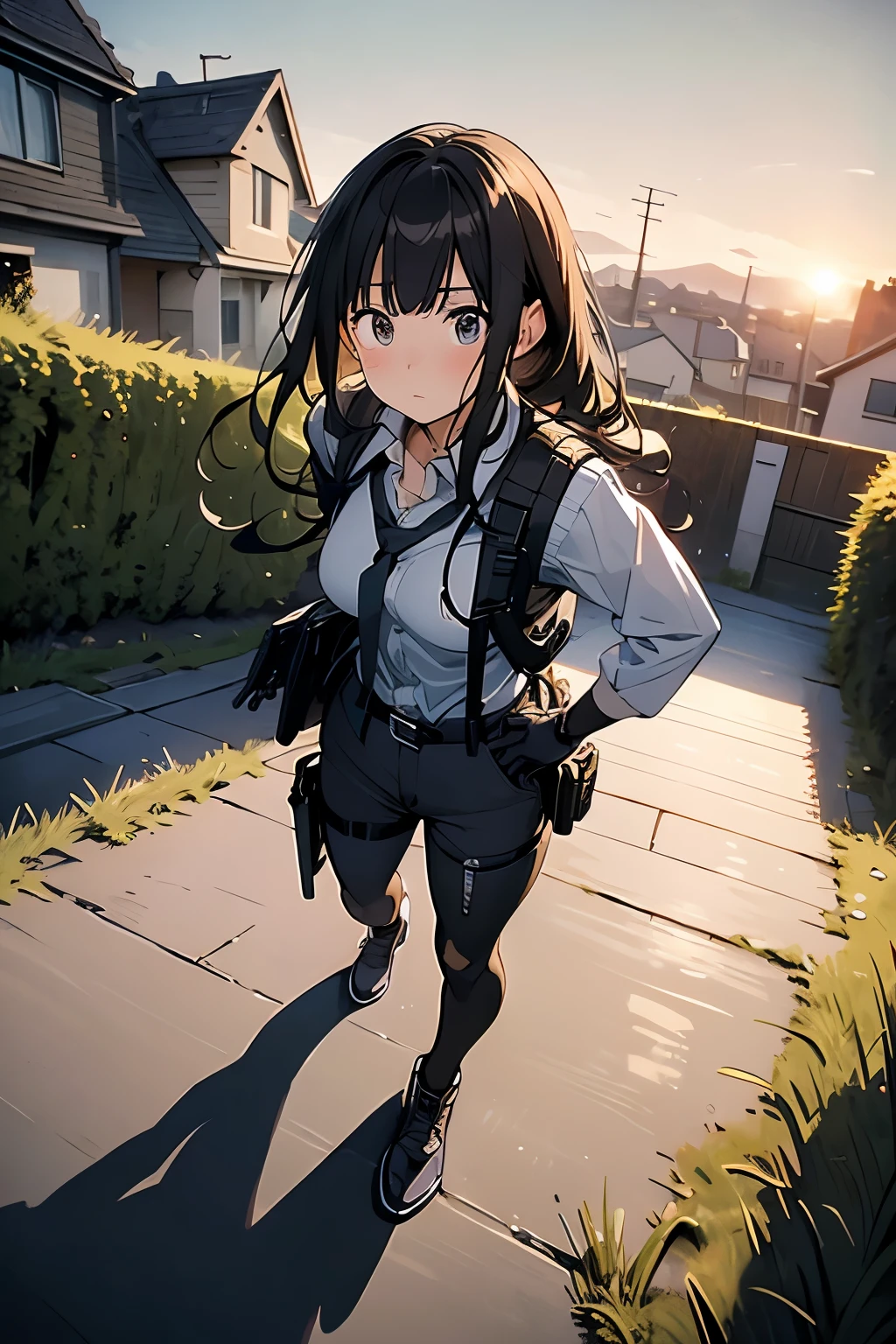 high quality, masterpiece, Ultra-high resolution, (realism: 1.4), Oil painting style, Cinema Lighting, An endless grassland dotted with a few houses, I stood on the empty asphalt road and looked at it., Fairy Mountain々was shrouded in mist, And the suspenders with the cranes flying　　　Moderate breasts　 　 　　　　Small face　 　　　holster　　　　　　　 Lying in bed　Looking up　　　　Sweat 　　　belt　summer　脇Sweat 　Black Hole Gloves　suit　shirt　　Black jacket　 Black trousers　Leg Links　ズボンにbelt　　holster　 　　Hands behind your back　 Anxious expression　Looking up　Anxious face