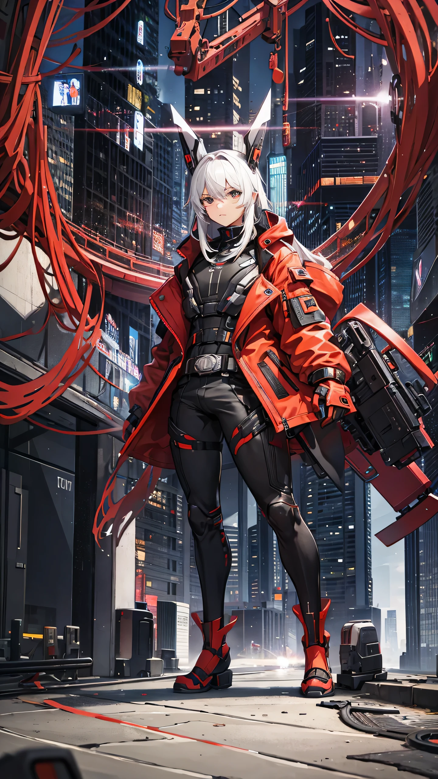 Futuristic male in city full body