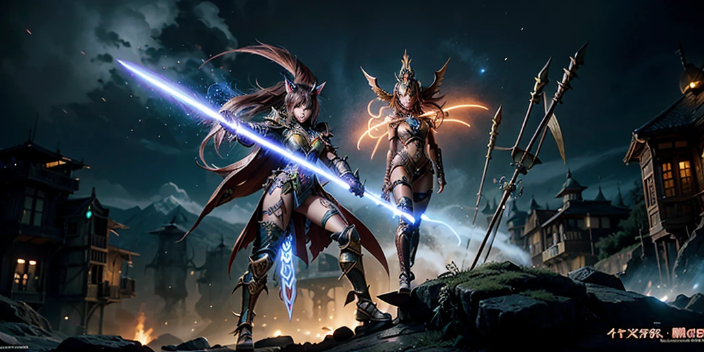 Ancient anime style, artbook, comicbook, RPG, futuristic medieval.  Goblin fox warrior, dark red skin, with human face with light red glowing tribal magical tattoos, goblin base with fox features, neon details, with technological tribal armor with glowing magical markings, full body, bare feet, spear with magical markings shiny.  Epic scene, wide and deep scenery, with several depth planes, stylish and dynamic pose.  In the middle of a magical steampunk technological village, mixing technology and vegetation, buildings with neon details and glowing magical vegetation, magical technological airships with shiny details inspired by ships flying in the sky.