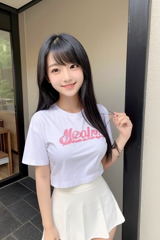 (Highest quality)、(Highest quality)、Japanese、smile、Childish、cute、20-year-old、Black Hair、Dark Eyes、semi-long、Smooth、D Cup、Breast enlargement、White T-shirt、mini skirt