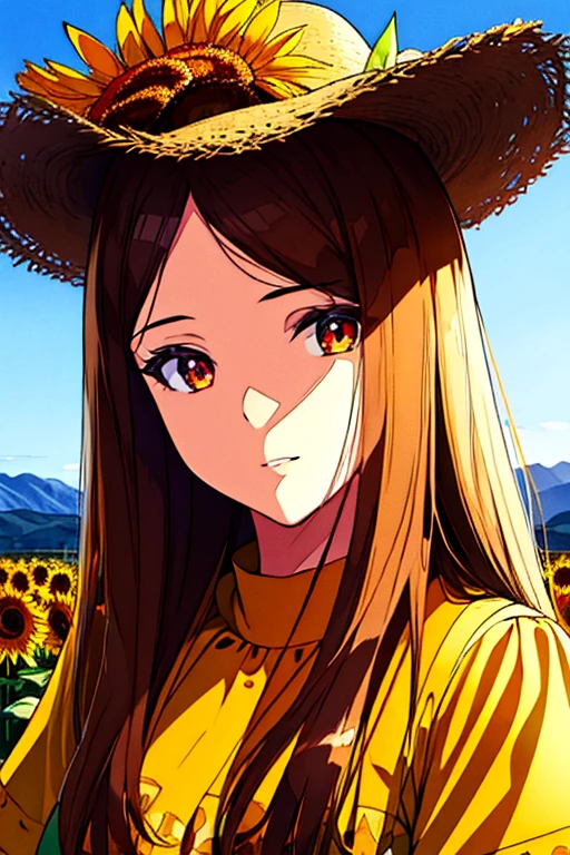 1 girl,Hyper realistic, naturalness, sunset time, real estate hair texture, average hair length, Brown hair color, light wavy hair, sunflower with hat on head, realistic skin texture, similar face shape, detailed face, thick lips, detailed eyes, realistic eyes, pretty eyes, sunflower print dress, sunflower bouquet in hand, high quality, more realistic, in a field of sunflowers, mountains in the background