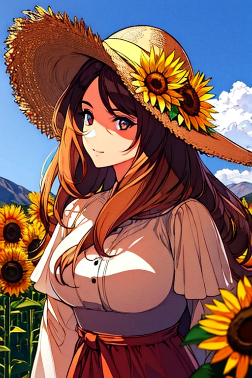 1 girl,Hyper realistic, naturalness, sunset time, real estate hair texture, average hair length, Brown hair color, light wavy hair, sunflower with hat on head, realistic skin texture, similar face shape, detailed face, thick lips, detailed eyes, realistic eyes, pretty eyes, sunflower print dress, sunflower bouquet in hand, high quality, more realistic, in a field of sunflowers, mountains in the background