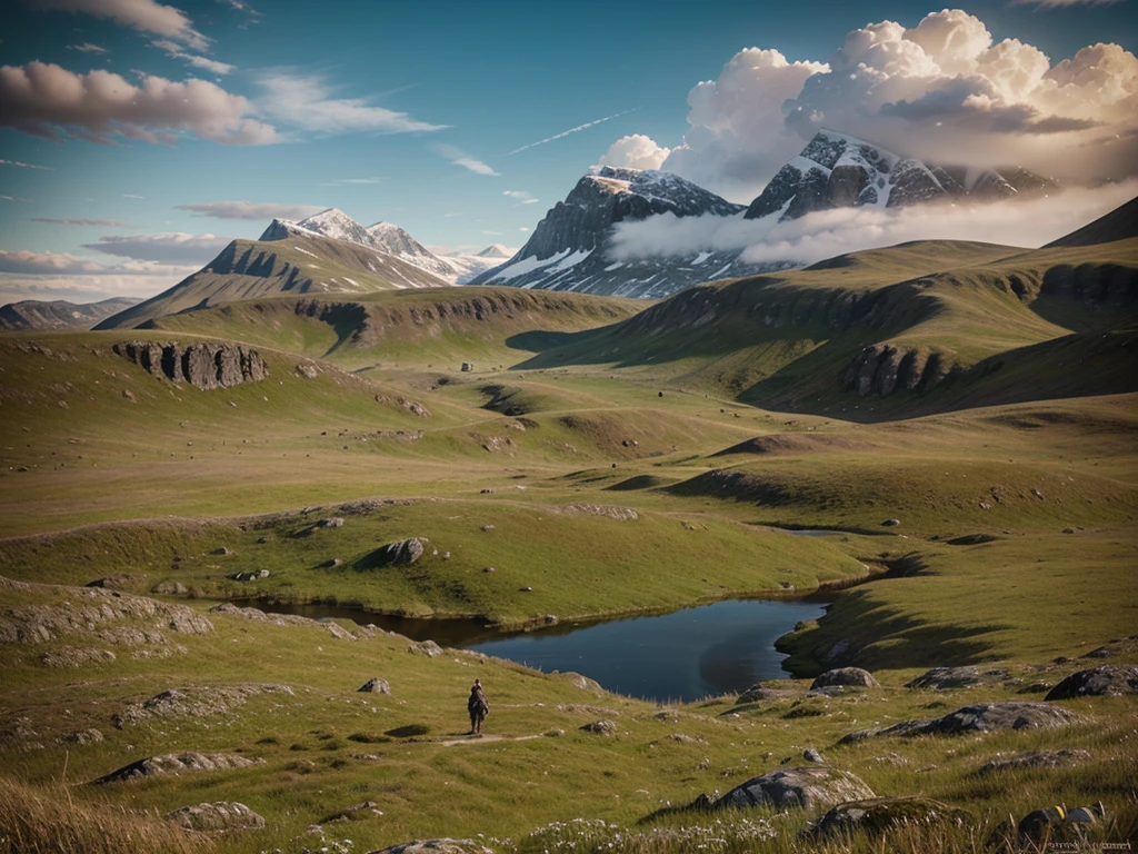 Hyperrealistic 8k high detail 3d art, fantasy setting, a tall grassland, tundra, highland, romantic the end of the world
