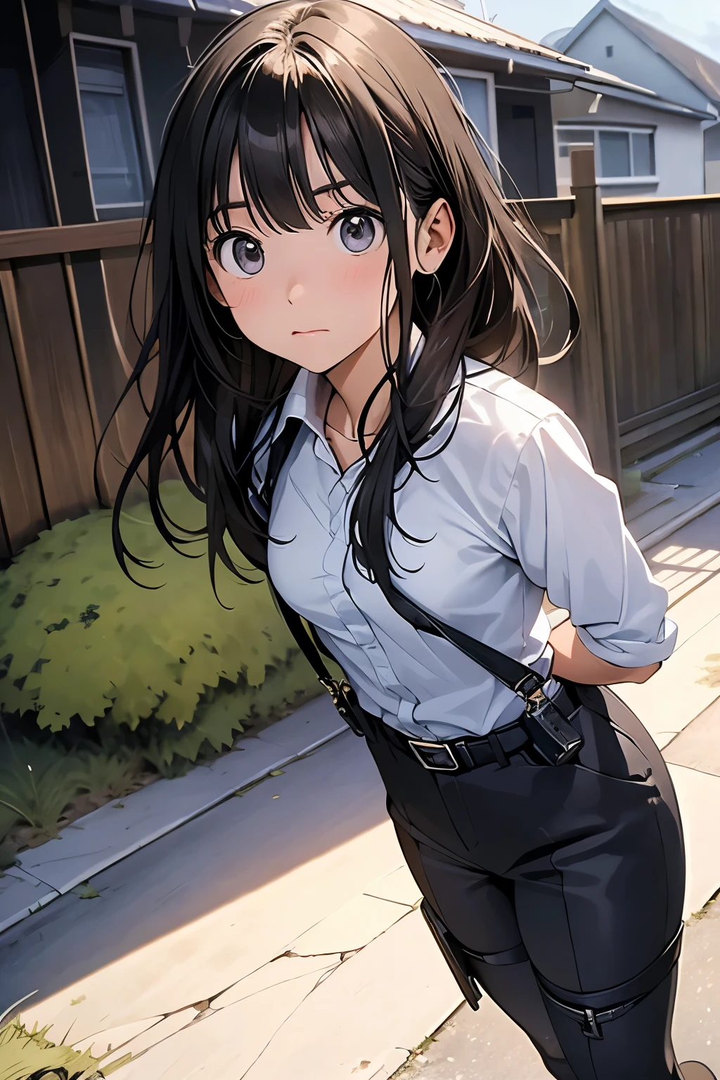high quality, masterpiece, Ultra-high resolution, (realism: 1.4), Oil painting style, Cinema Lighting, An endless grassland dotted with a few houses, I stood on the empty asphalt road and looked at it., Fairy Mountain々was shrouded in mist, And the suspenders with the cranes flying Moderate breasts Small face holster Lying in bed Looking up Sweat belt summer 脇Sweat Black Hole Gloves suit shirt Black jacket Black trousers Leg Links ズボンにbelt holster Hands behind your back Anxious expression Looking up Anxious face