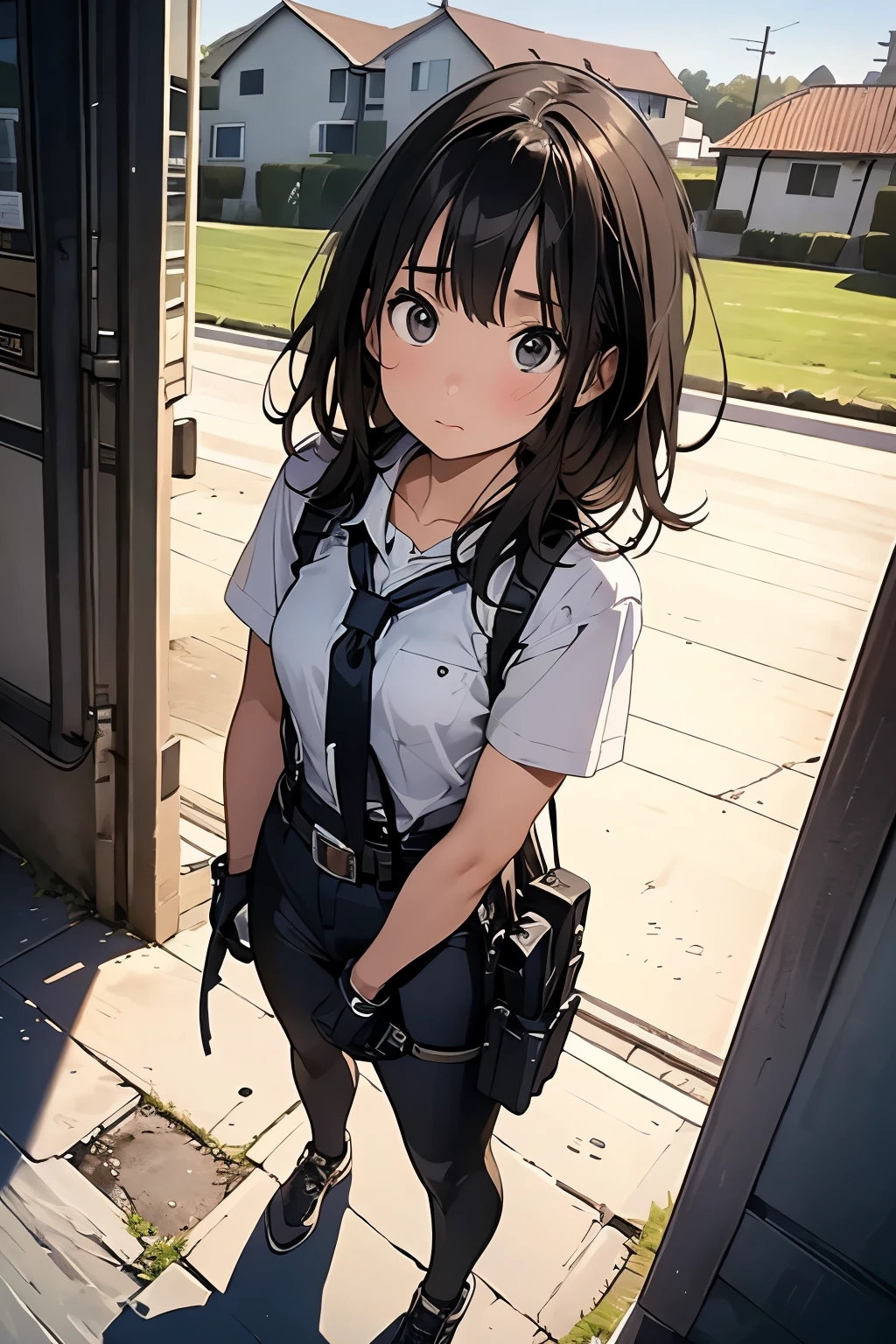 high quality, masterpiece, Ultra-high resolution, (realism: 1.4), Oil painting style, Cinema Lighting, An endless grassland dotted with a few houses, I stood on the empty asphalt road and looked at it.., Fairy Mountain々Shrouded in fog, And suspenders with flying cranes　　　Medium chest　 　 　　　　Small face　 　　　holster　　　　　　　 Lying in bed　look up　　　　Sweat 　　　belt　summer　脇Sweat 　Black Hole Gloves　suit　shirt　　Black jacket　 Black trousers　Leg Links　ズボンにbelt　　holster　 　　fold your hands behind your back　 Anxious expression　look up　Anxious face
