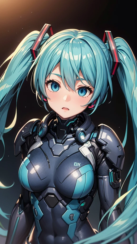 Hatsune Miku Vocaloid, Twin tails, Bright Blue Eyes, Light blue hair, Bodysuits, cyber punk, Ultimate Physical Beauty, Beautiful Eyes, Embarrassed look , Big Chest, 8K CG, Highest quality, Best image quality,