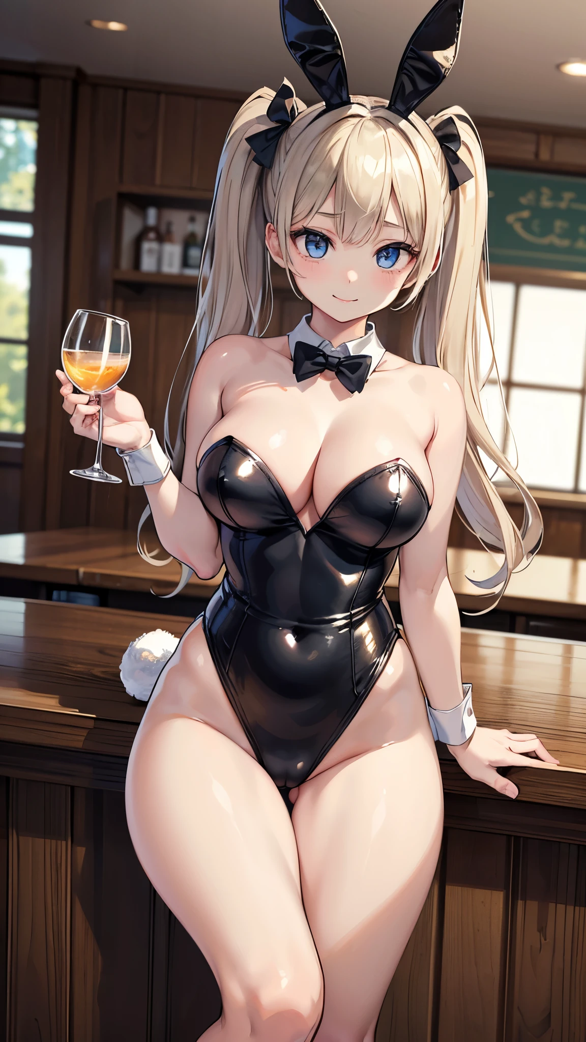 (masterpiece:1.3, Highest quality, Ultra-high resolution, Very detailed), (Realistic:1.1, photoRealistic:1.4), Beautiful illustrations, Perfect lighting,Written boundary depth, Beautiful detailsまでこだわった髪, Beautifully detailed face, Beautiful details, Beautiful clavicle, Beautiful body, Beautiful and juicy breasts, Beautiful thighs, Beautiful feet, View your viewers, 1 Girl,Perfect Face, (Perfect Anatomy, Anatomically correct), Cute and symmetrical face、,(かわいいsmile, smile)、Sexy Body、(masterpiece),(Highest quality：1.3),8K,Very clear,(Ultra-realistic), One Girl,Wide Shot,((Large Breasts)),Wide Hips,Beautiful feet, Captivating woman、(masterpiece、Highest quality、Very detailedな)、((1 Girl))、((とてもLarge Breasts))、Cleavage、(Official Art、Highest quality、Unity 8k wallpaper、32k、masterpiece、Ultra-detailed、Ultra-high resolution、Realisticな、Photorealistic:1.2)、(Cinema Lighting:1.2)、Fire Glow Effect、Film Grain、Best Shadow、Rim Light、Side light、(Very detailedで複雑な3Dレンダリング)、細部までBeautiful Faceと目、Slender、Medium Bust、(whole body:1.2)、 Very detailedな、(Very detailedな肌、Detailed skin texture:1.3)、(bar counter、over the counter:1.4)、Glowing Skin, 20 year old beauty、Beautiful wavy platinum blonde hair、 Twin tails、blue eyes、Beautiful Face、Playboy Bunny Girl、High cut leotard、A bow tie、cuffs、Wearing fishnet stockings、Black rabbit ears、With a rabbit tail on his ass,,、Have a drink、にこやかなsmile、Angle from below、Cowboy Shot
