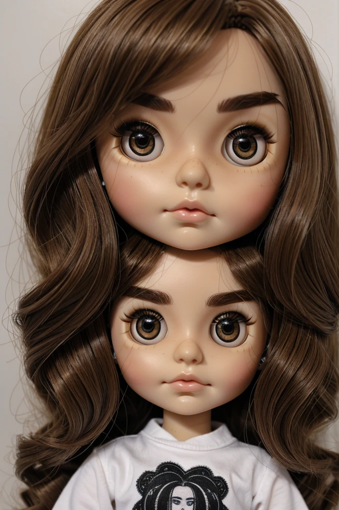 Blythe doll,
light eyes, light brown hair, eyebrow piercing, nose piercing, thick eyebrows