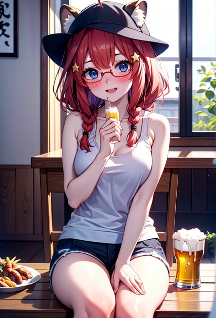 Satsuki Nakano, itsuki nakano, bangs, blue eyes, Hair between the eyes, Ahoge, Redhead, Long braids,Red-rimmed glasses,star \(symbol\), hair ornaments, smile,blush,star hair ornaments,Animal ears　 Raccoon Ears,raccoon tail,happy smile, smile, Open your mouth,blush,Drunk,White Hat,Red Tank Top,Shorts,Sandals,Beer and food on the table,Sitting in a chair,whole bodyがイラストに入るように,night,
break indoors, Izakaya,
break looking at viewer, whole body,
break (masterpiece:1.2), Highest quality, High resolution, unity 8k wallpaper, (figure:0.8), (Beautiful attention to detail:1.6), Highly detailed face, Perfect lighting, Highly detailed CG, (Perfect hands, Perfect Anatomy),