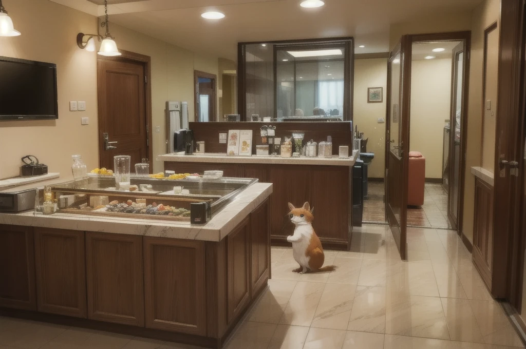 counter,Small animals,Vision,indoor,hotel,Children's illustrations,Behind is the wall,Wooden floor in front