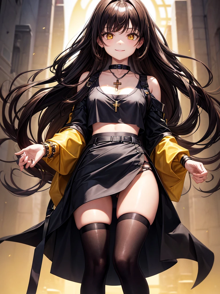 1 woman,long hair,brown hair,yellow eyes,Wear a black cropped waist dress.,Wear a black miniskirt.,Wear a small cross necklace.,Put on the bracelet.,Wear a small collar,Light makeup,Smiling, turning towards the camera,Wear black stockings,Not a bra,Not wearing underwear,Fat body