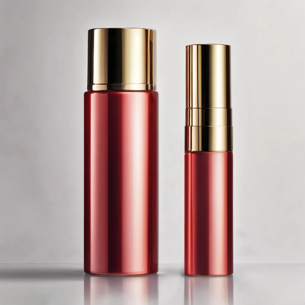 Cylindrical cosmetic bottle, light red liquid inside, gold metallic cap, white background, best image quality.